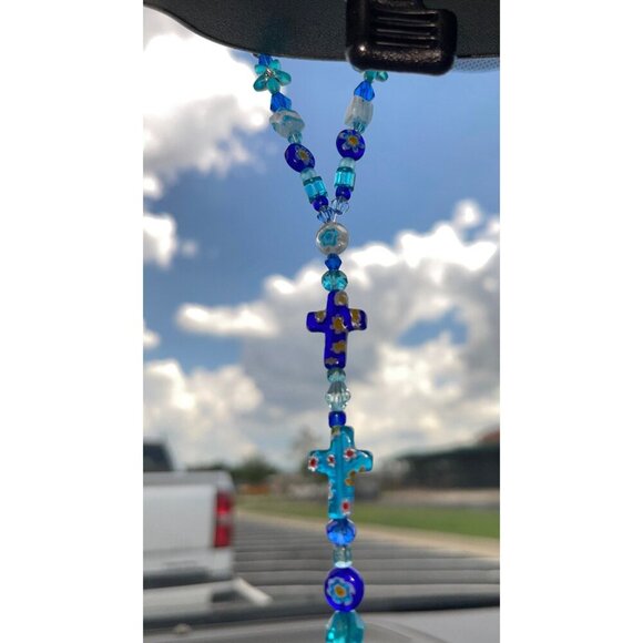 Beaded Suncatcher Rearview Mirror Ornament Cross Blue Crystal Prism Car Charm - Picture 4 of 9
